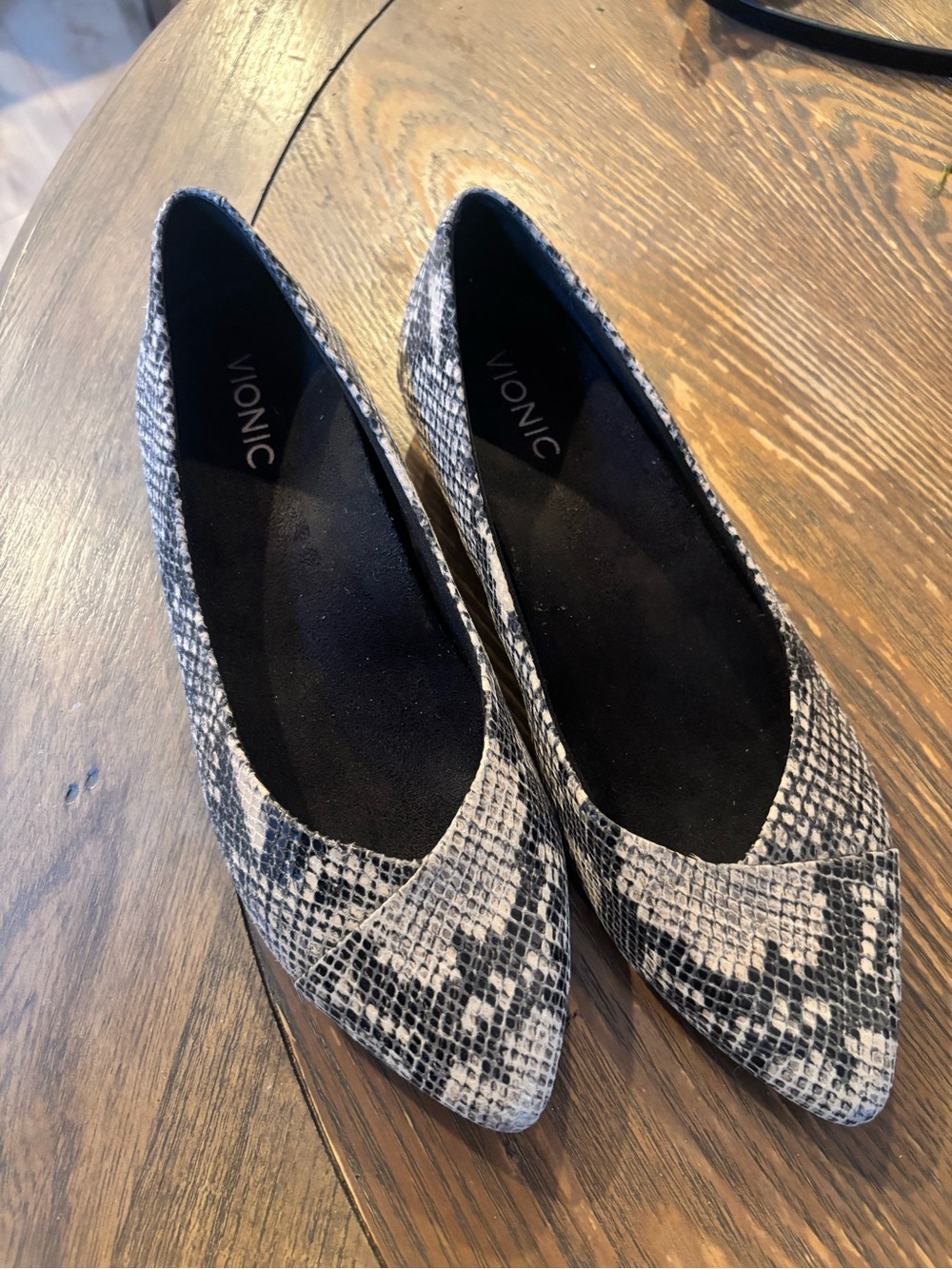 Vionic Snake-Print Pointed Toe Flats in Black and Gray